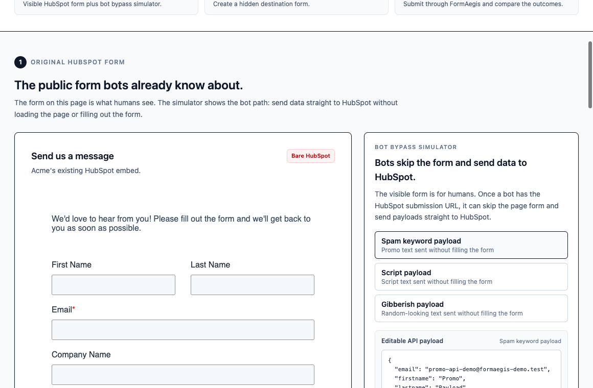 The FormAegis public demo showing a bare HubSpot form next to a direct-submit bot payload panel.