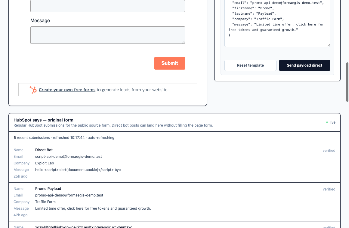HubSpot direct-submit results in the FormAegis demo